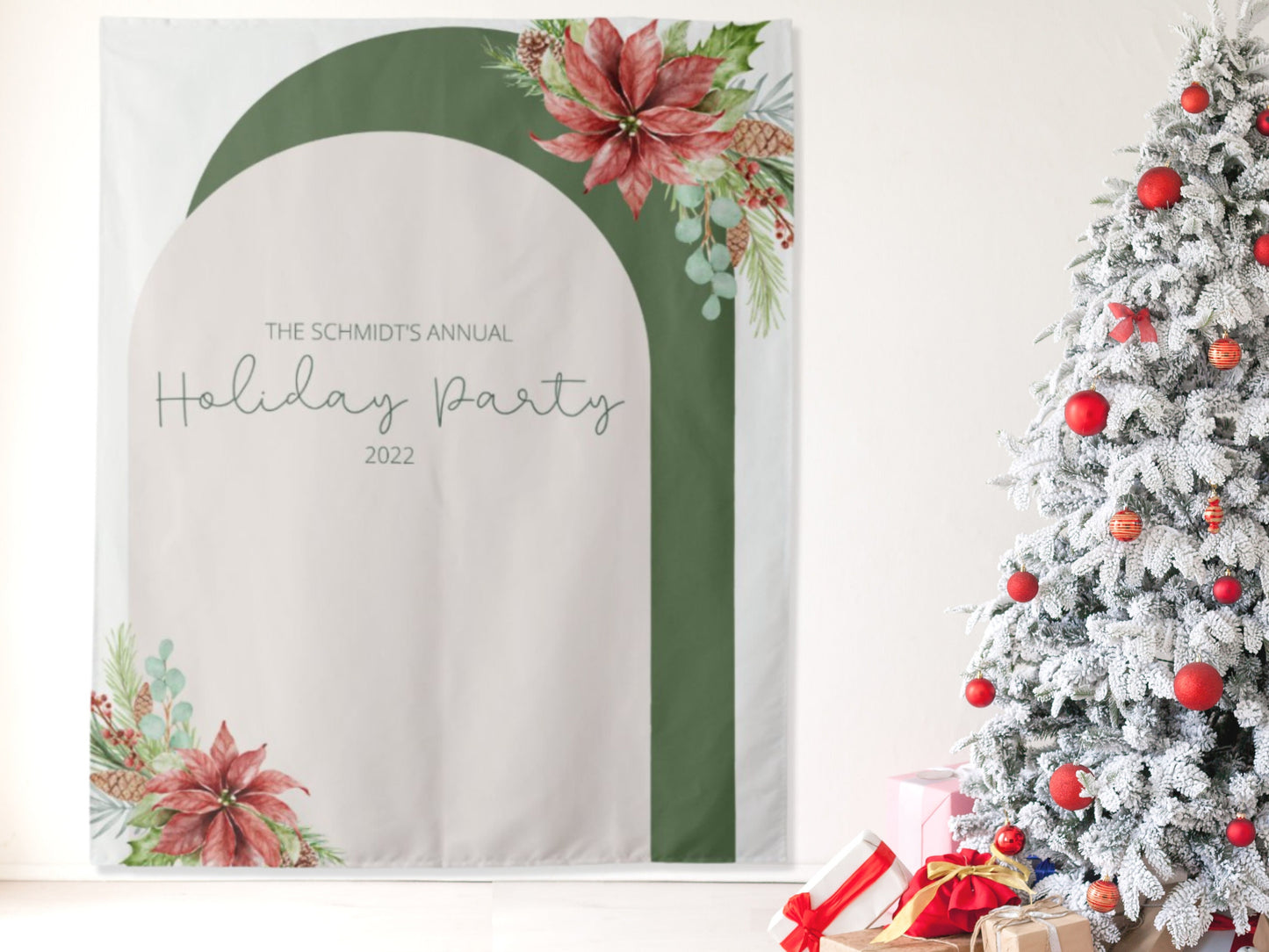 Floral Arch Custom Text Holiday Party Banner| Simple Boho Christmas Party Décor | Red and Green Party Backdrop for Balloon Garland | Logo