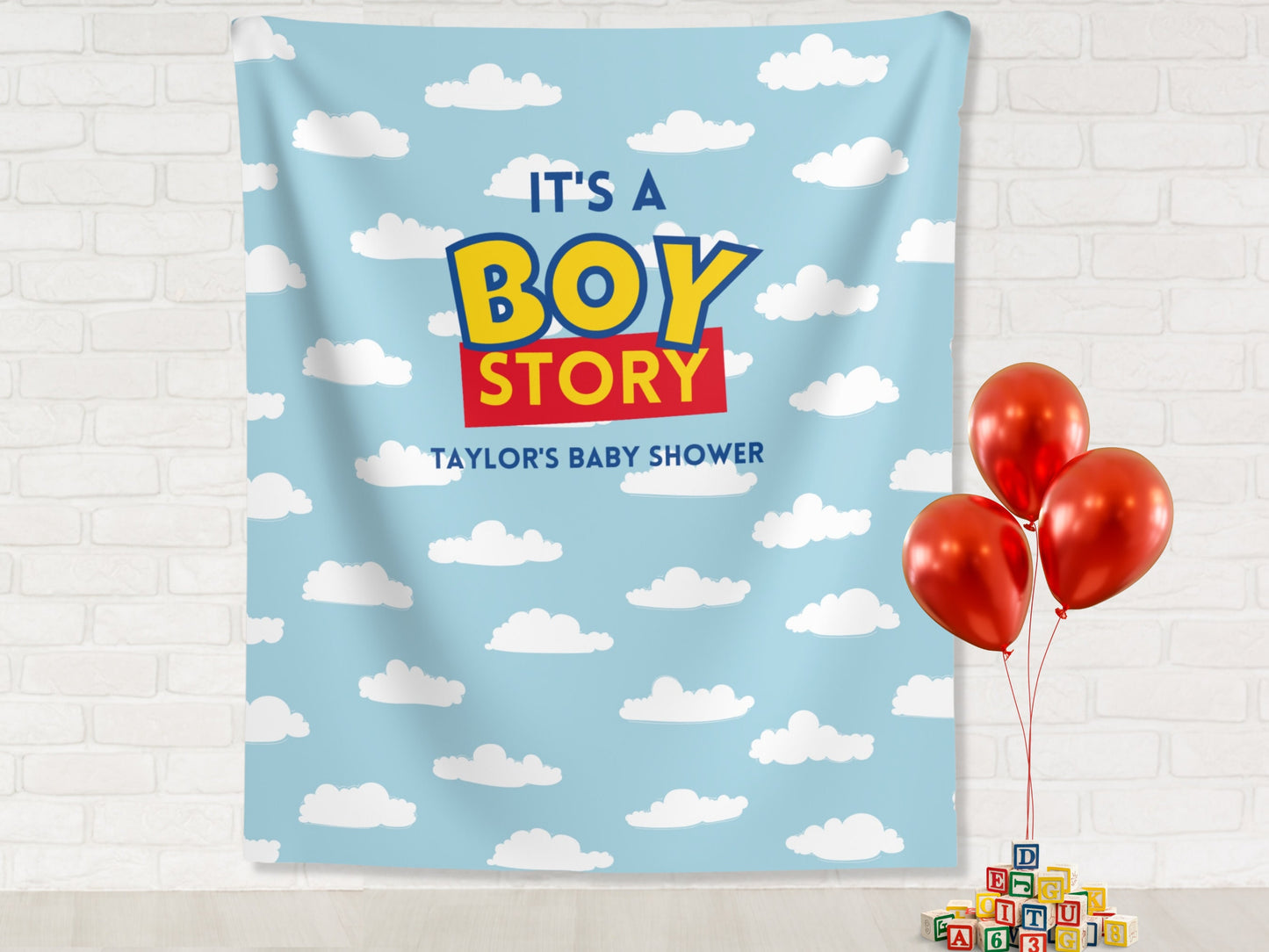It's a Boy Story Custom Baby Shower Backdrop | Personalized Toy Story Inspired Cloud Photo Booth