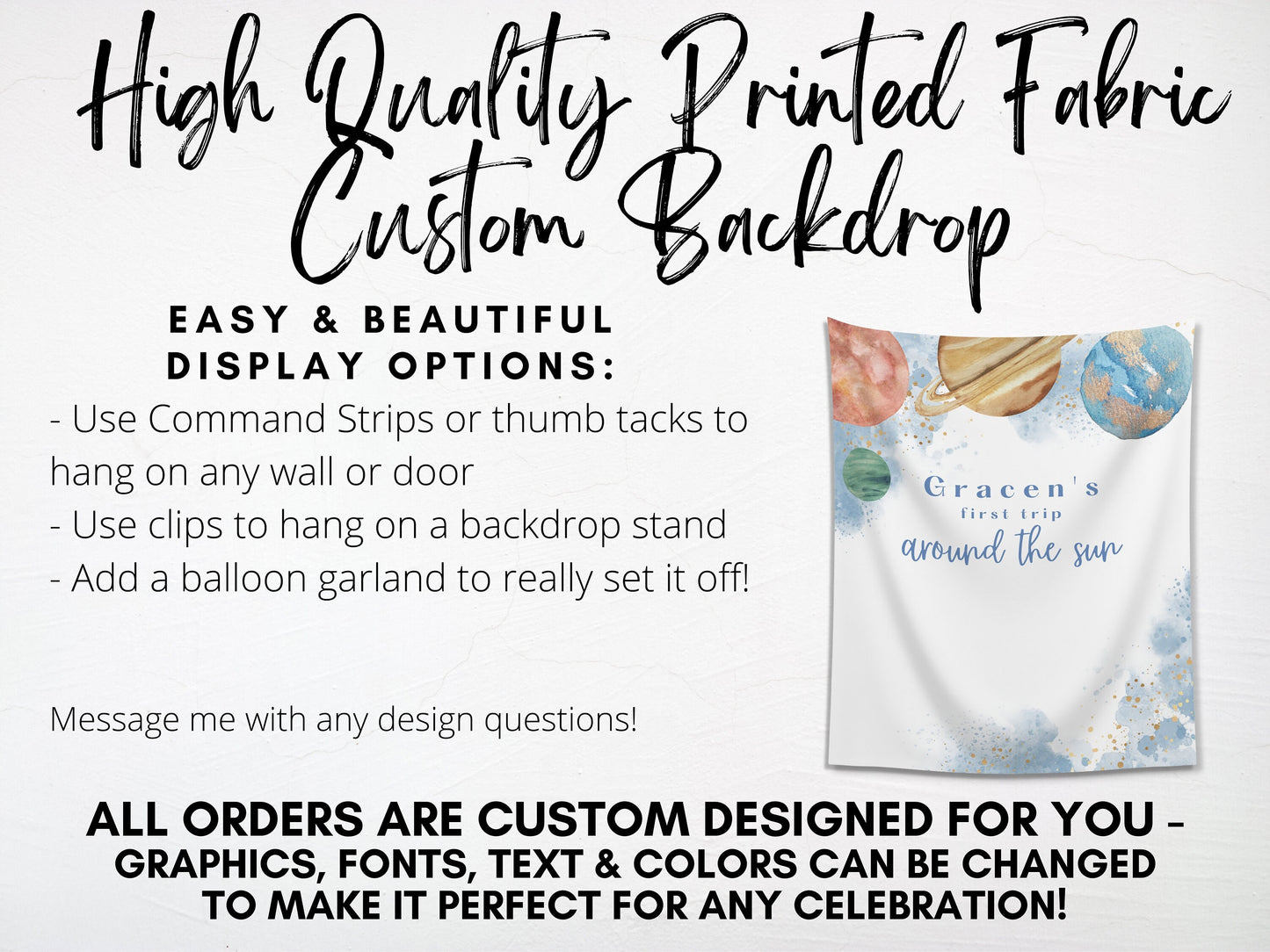 First Trip Around the Sun Personalized 1st Birthday Party Backdrop | Minimal Modern Space Planet Custom Party Banner