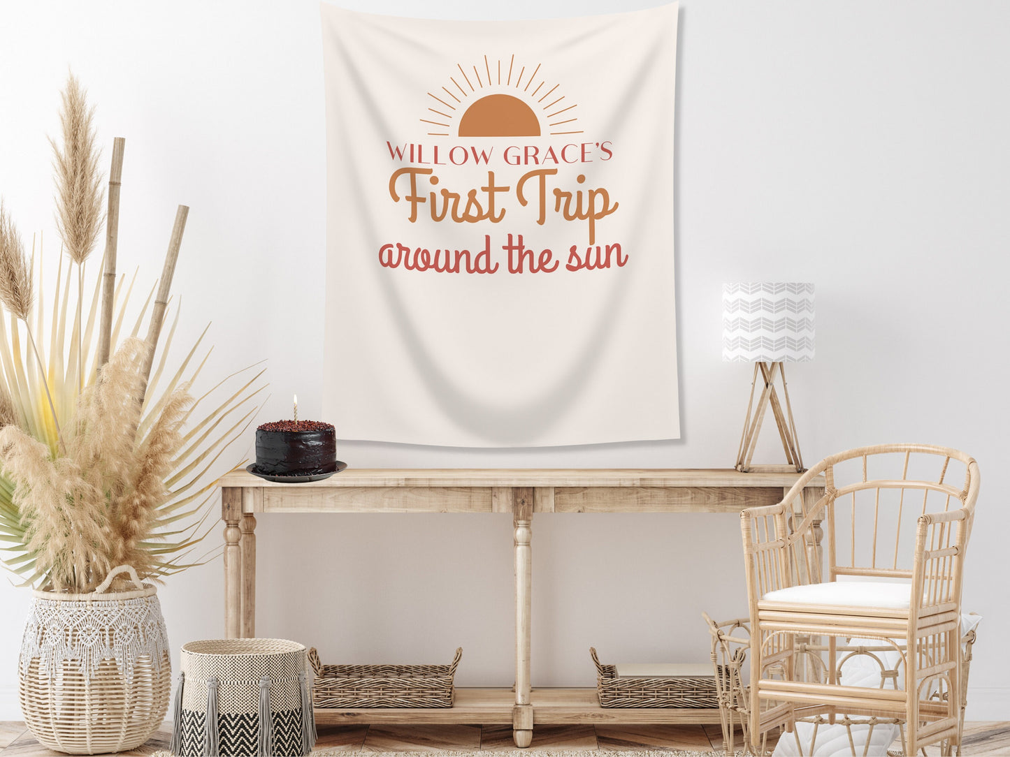 Boho Orange First Trip Around the Sun Personalized 1st Birthday Party Backdrop | Retro Sunshine Custom Party Banner | Boy Birthday Party