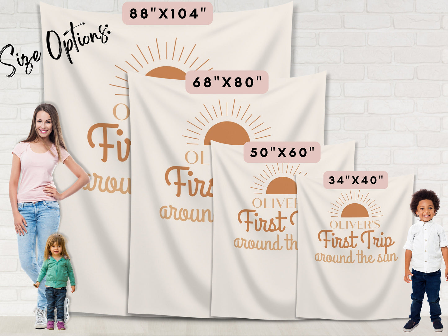 Boho Orange First Trip Around the Sun Personalized 1st Birthday Party Backdrop | Retro Sunshine Custom Party Banner | Boy Birthday Party