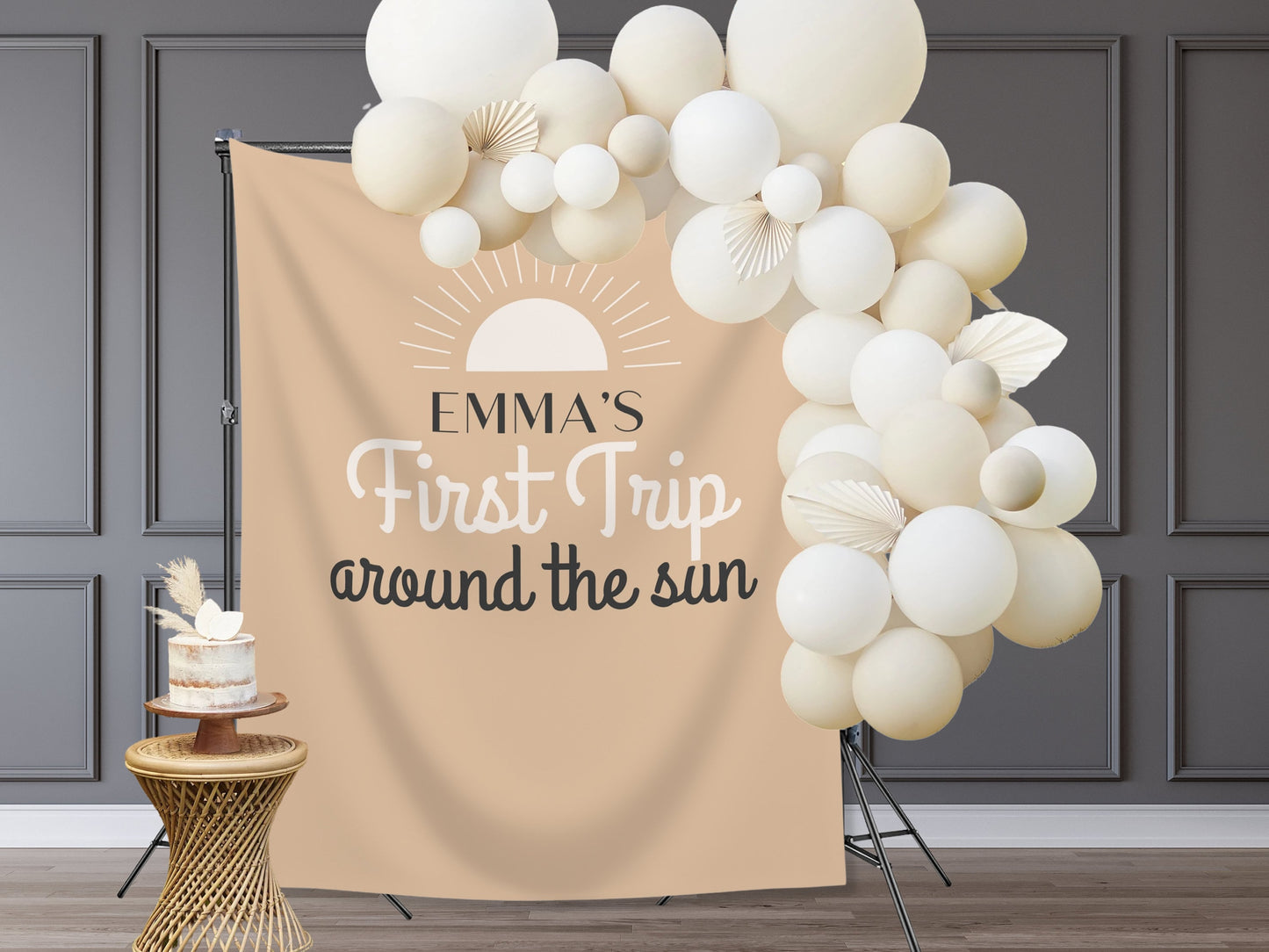 Boho Orange First Trip Around the Sun Personalized 1st Birthday Party Backdrop | Retro Sunshine Custom Party Banner | Boy Birthday Party