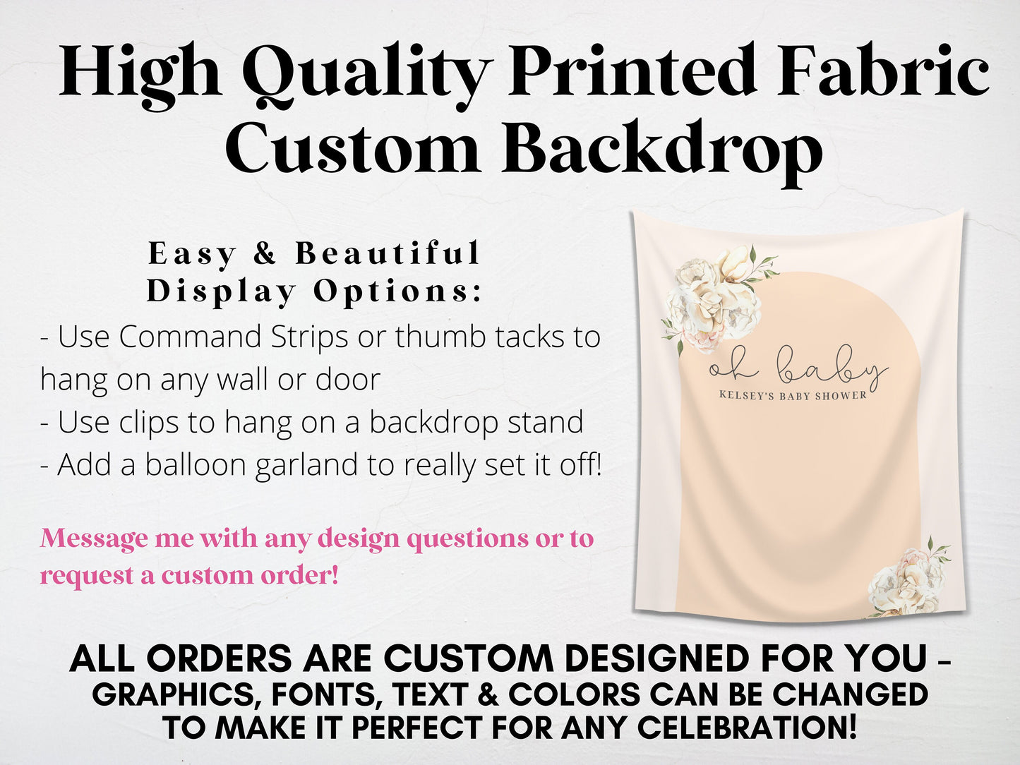 Boho Arch Floral Personalized Baby Shower Backdrop | Oh Baby Customizable Party Banner | Baby Shower Balloon Garland Décor