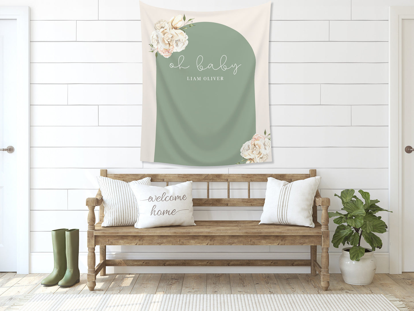 Boho Arch Floral Personalized Baby Shower Backdrop | Oh Baby Customizable Party Banner | Baby Shower Balloon Garland Décor