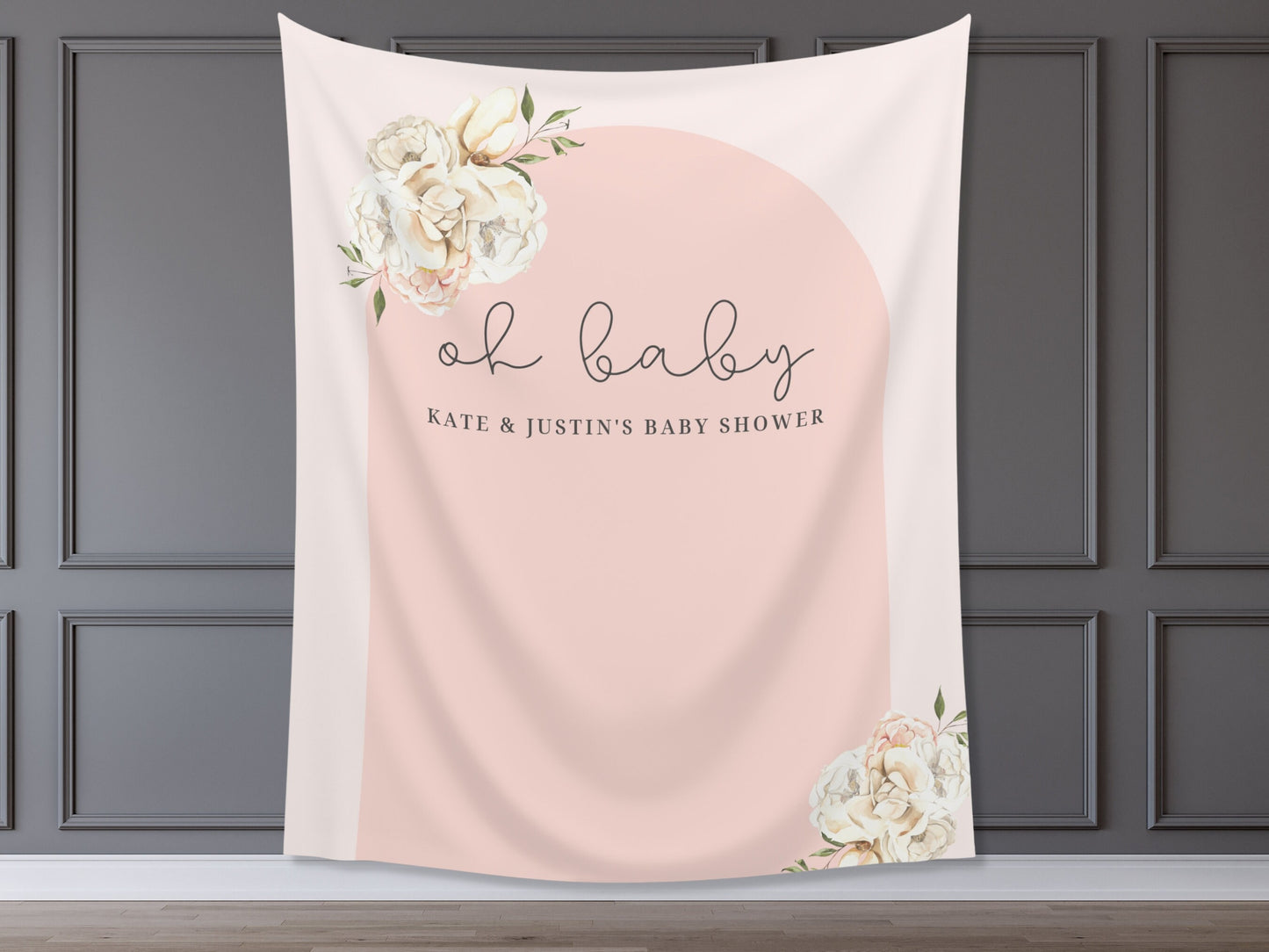 Boho Arch Floral Personalized Baby Shower Backdrop | Oh Baby Customizable Party Banner | Baby Shower Balloon Garland Décor