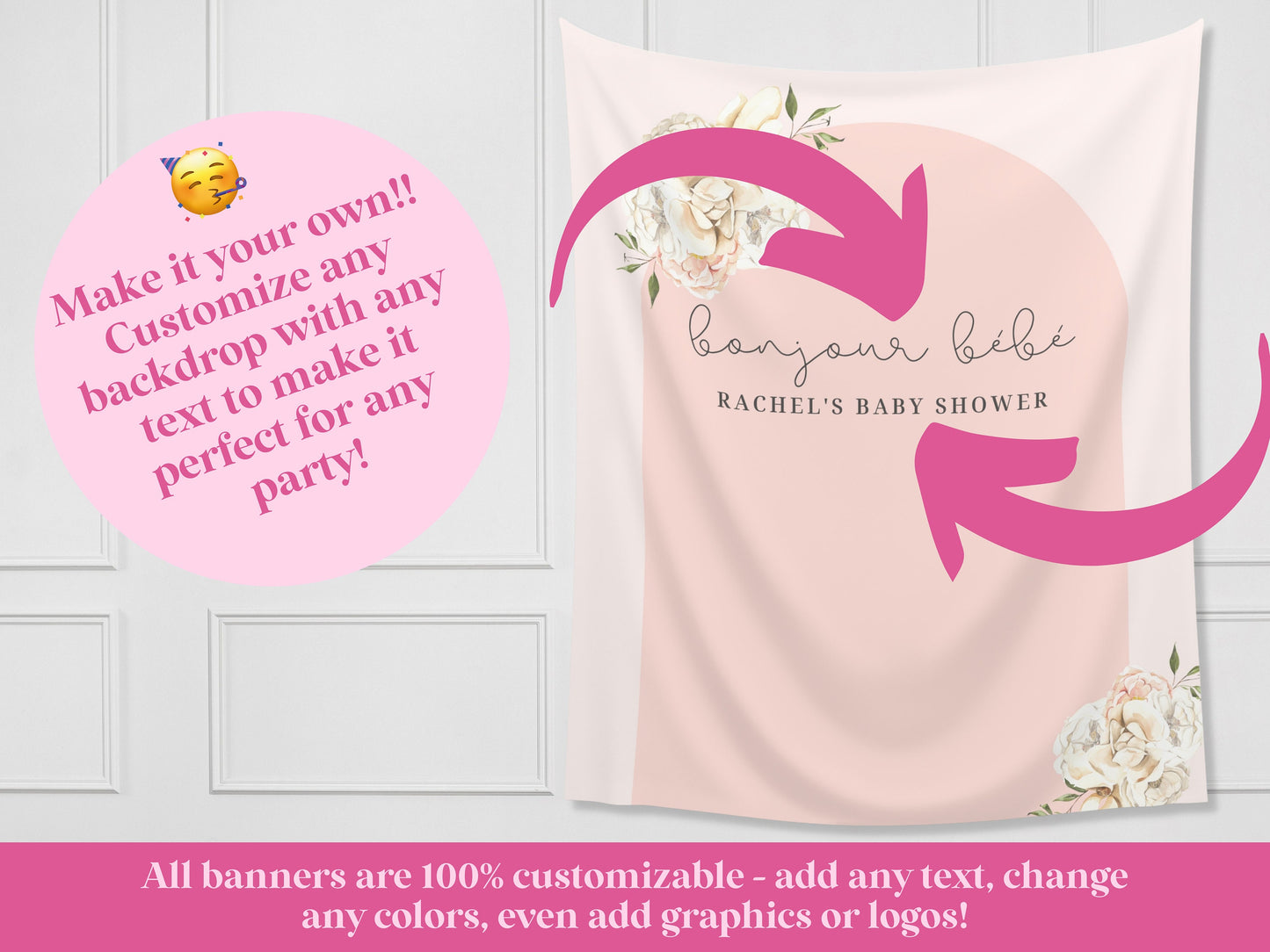 Boho Arch Floral Personalized Baby Shower Backdrop | Oh Baby Customizable Party Banner | Baby Shower Balloon Garland Décor