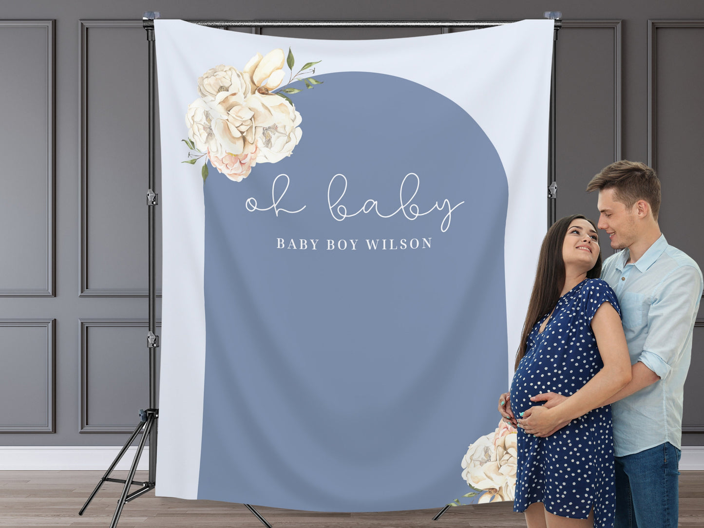 Boho Arch Floral Personalized Baby Shower Backdrop | Oh Baby Customizable Party Banner | Baby Shower Balloon Garland Décor