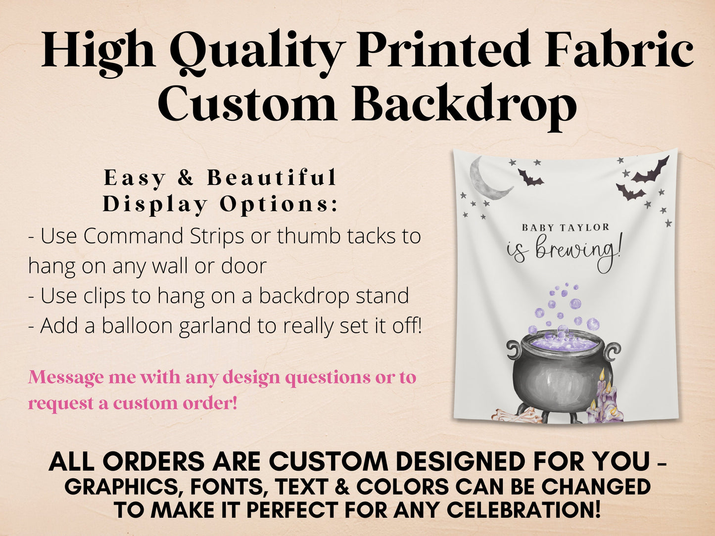 A Baby is Brewing Halloween Baby Shower Banner, Customizable Text Witch Halloween Backdrop, Spooky Fall Gender Reveal or Baby Shower Décor