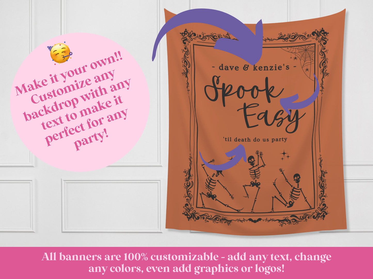 Custom Name Spook Easy Banner Birthday Party - 21st Birthday, 30th Birthday, 40th Birthday, 50th Birthday - Pink and Black - October Halloween Party Décor - Custom Backdrop