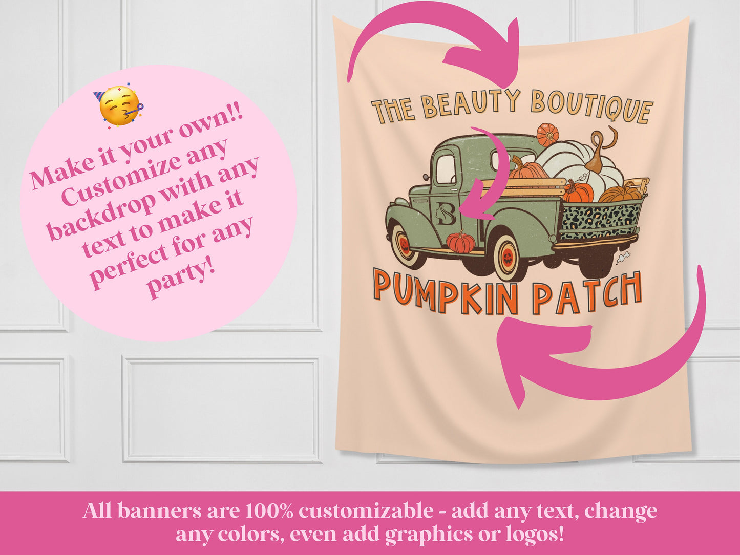 Pumpkin Patch Leopard Truck Custom Text Banner | Customizable Fall Backdrop | 1st Birthday, Kid Birthday, Fall Festival or Baby Shower Décor
