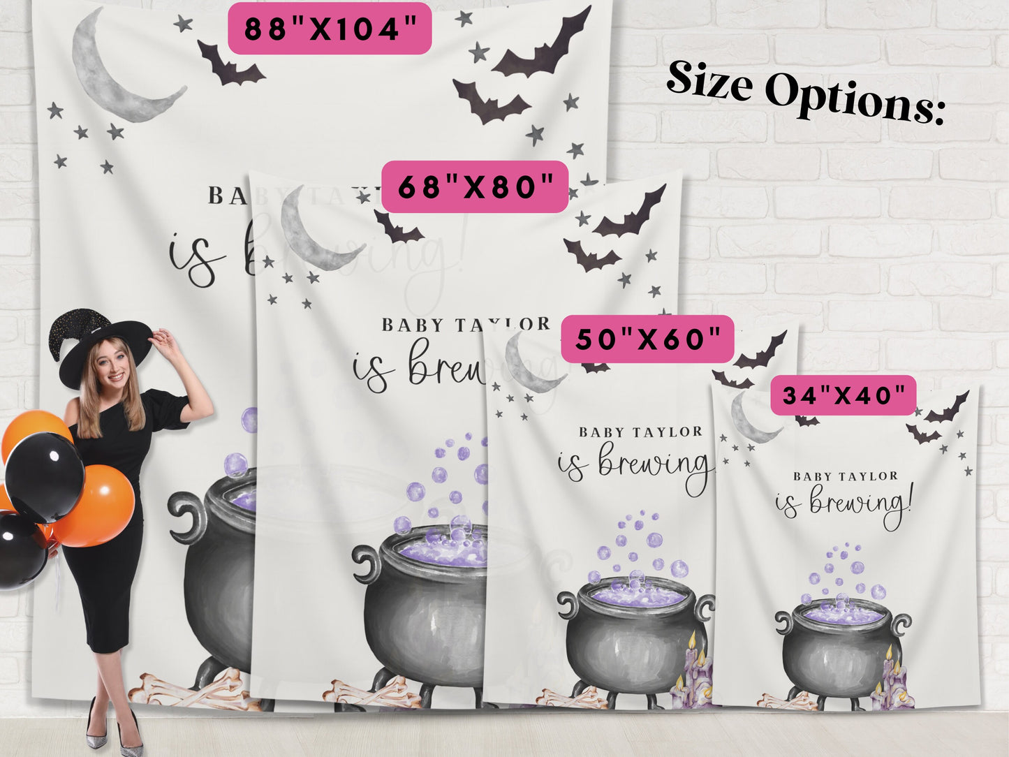 A Baby is Brewing Halloween Baby Shower Banner, Customizable Text Witch Halloween Backdrop, Spooky Fall Gender Reveal or Baby Shower Décor