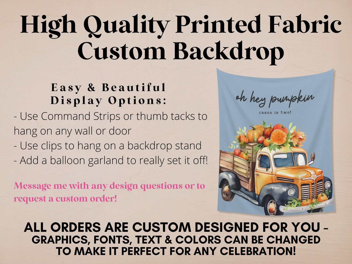 Pumpkin Truck Custom Text Banner | Customizable Pumpkin Patch Backdrop | 1st Birthday, Kids Birthday, Fall Festival or Baby Shower Décor