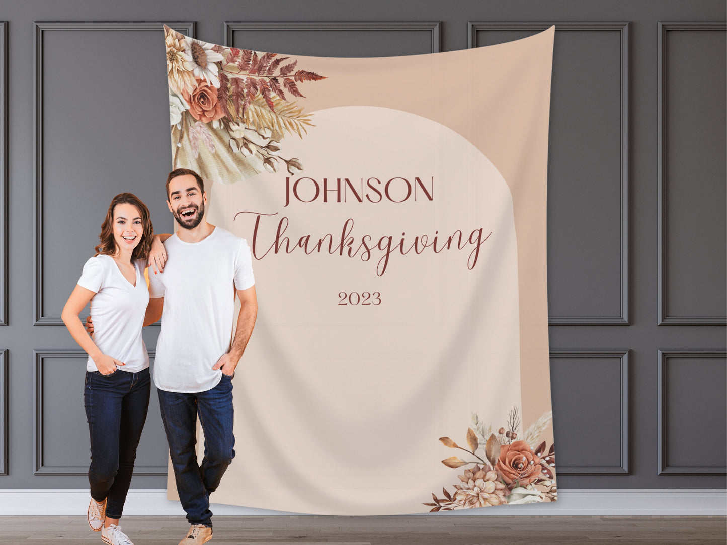 Happy Friendsgiving Boho Arch Fall Floral Custom Banner | Thanksgiving or Friendsgiving Party Backdrop for Balloon Garland | Dried Pampas