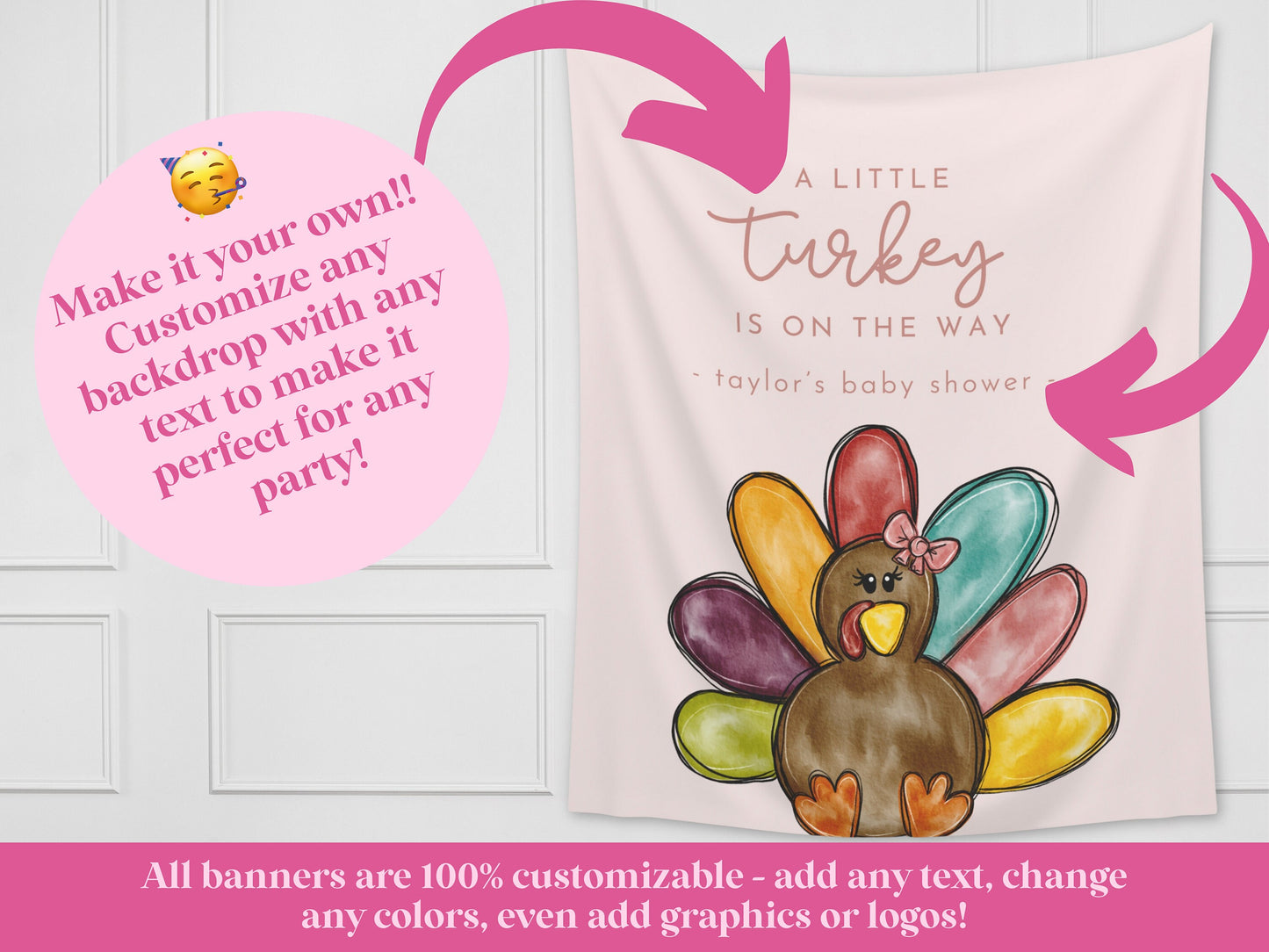 A Little Turkey Customizable Girl's Birthday Backdrop | Thanksgiving Birthday Party Banner | November Party Décor | 1st, 2nd, 3rd Birthday