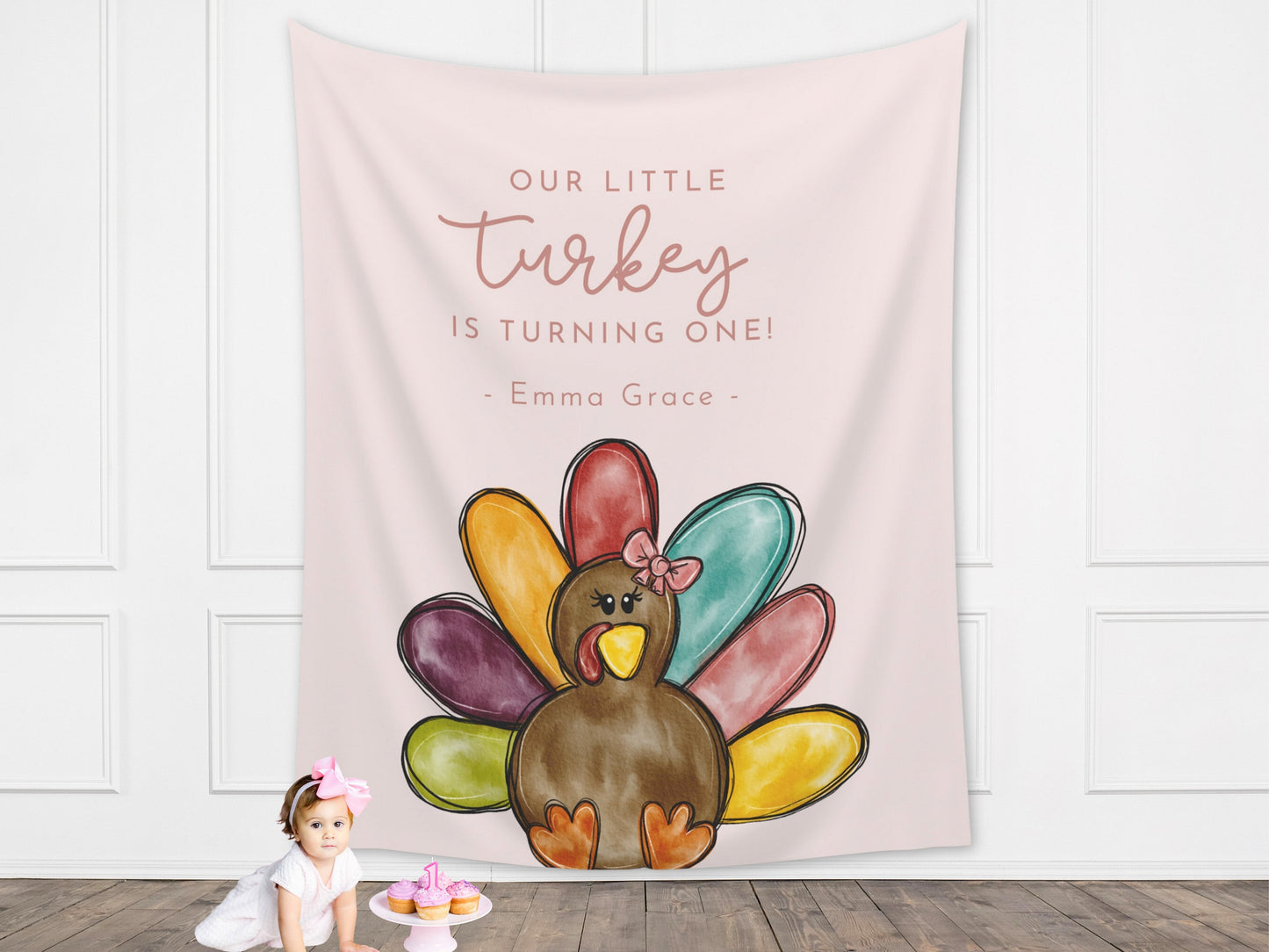 A Little Turkey Customizable Girl's Birthday Backdrop | Thanksgiving Birthday Party Banner | November Party Décor | 1st, 2nd, 3rd Birthday