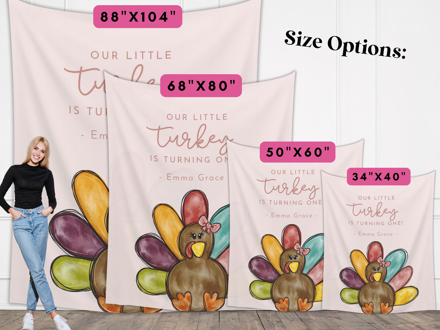 A Little Turkey Customizable Girl's Birthday Backdrop | Thanksgiving Birthday Party Banner | November Party Décor | 1st, 2nd, 3rd Birthday