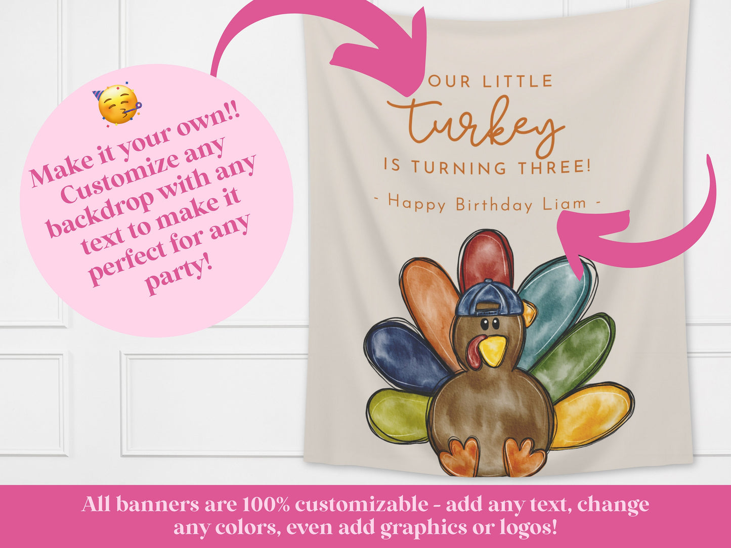 Our Little Turkey Customizable Boy's Birthday Backdrop | Thanksgiving Birthday Party Banner | November Party Décor | 1st, 2nd, 3rd Birthday