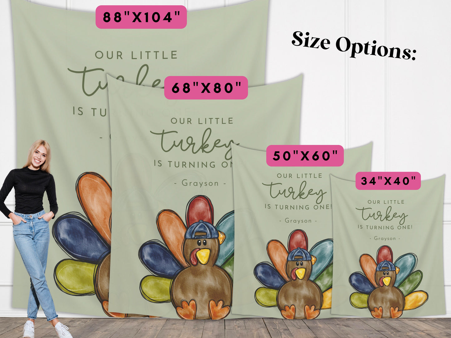 Our Little Turkey Customizable Boy's Birthday Backdrop | Thanksgiving Birthday Party Banner | November Party Décor | 1st, 2nd, 3rd Birthday