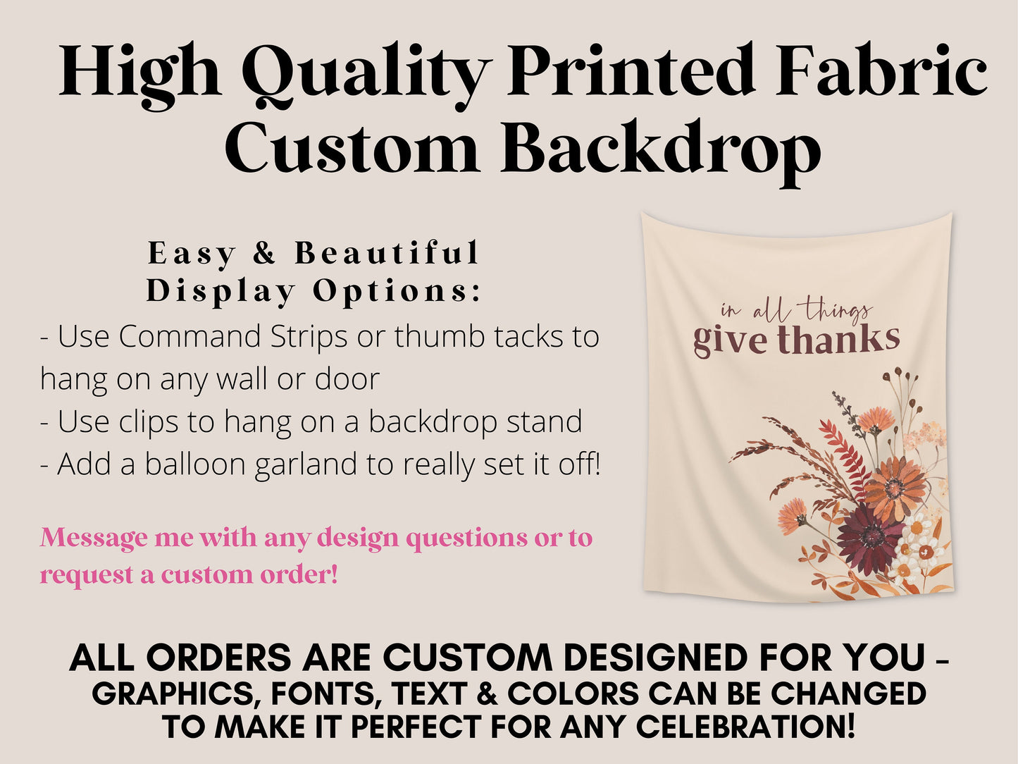 In All Things Give Thanks Boho Fall Wildflower Custom Banner | Custom Friendsgiving Party Backdrop for Balloon Garland | Thanksgiving Décor