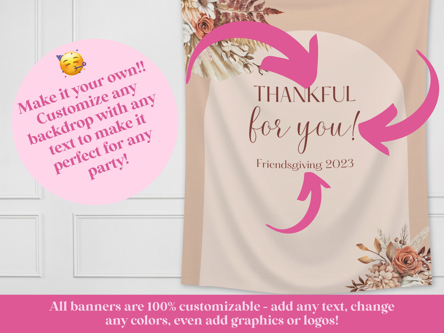 Happy Friendsgiving Boho Arch Fall Floral Custom Banner | Thanksgiving or Friendsgiving Party Backdrop for Balloon Garland | Dried Pampas
