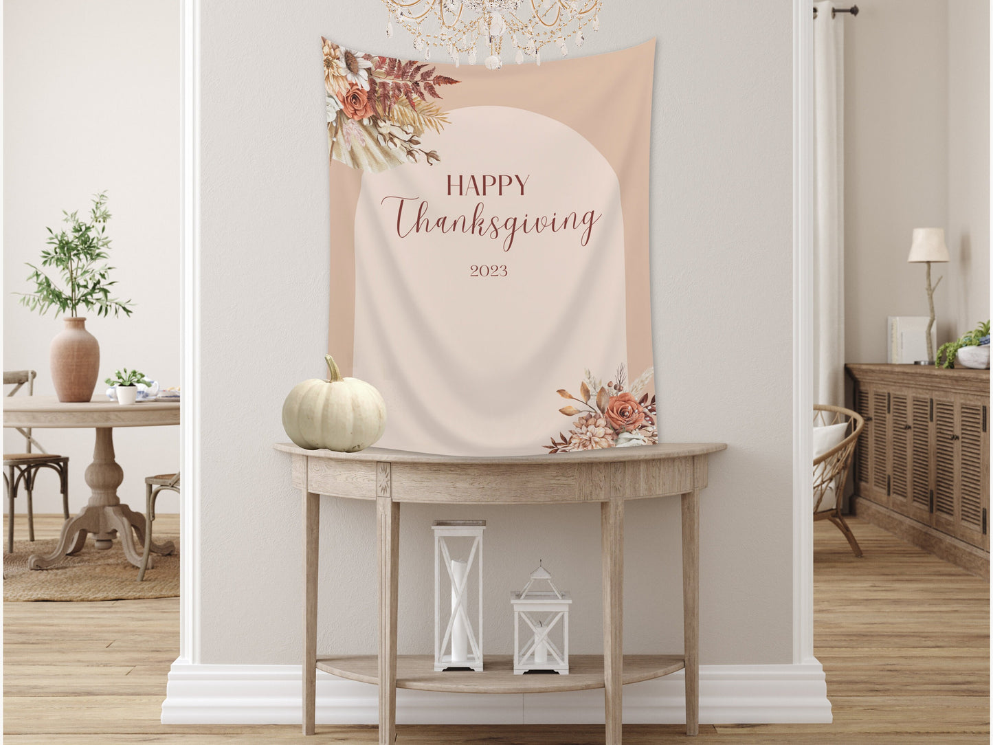 Happy Friendsgiving Boho Arch Fall Floral Custom Banner | Thanksgiving or Friendsgiving Party Backdrop for Balloon Garland | Dried Pampas