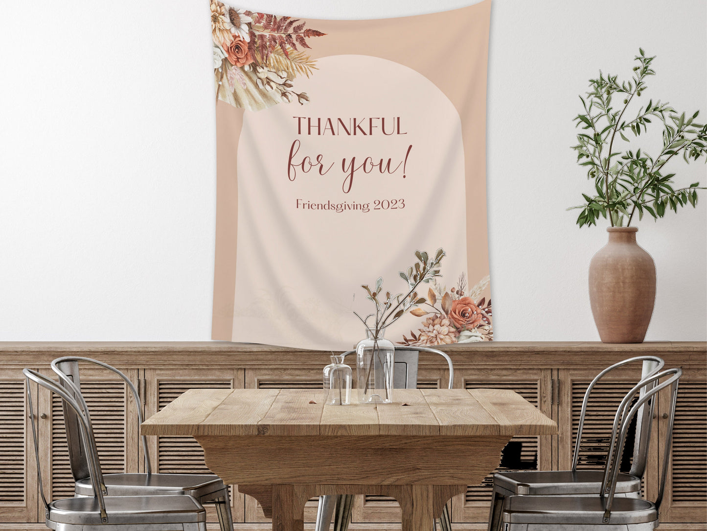 Happy Friendsgiving Boho Arch Fall Floral Custom Banner | Thanksgiving or Friendsgiving Party Backdrop for Balloon Garland | Dried Pampas