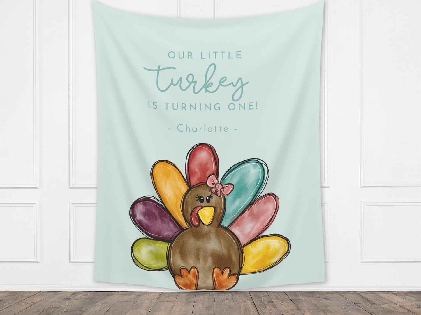 A Little Turkey Customizable Girl's Birthday Backdrop | Thanksgiving Birthday Party Banner | November Party Décor | 1st, 2nd, 3rd Birthday