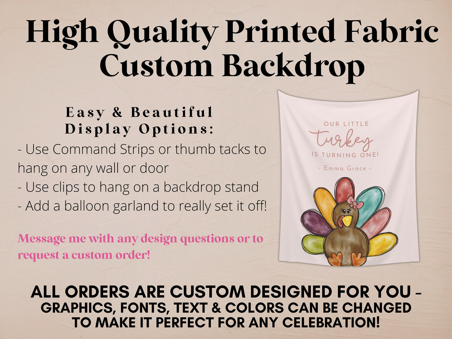 A Little Turkey Customizable Girl's Birthday Backdrop | Thanksgiving Birthday Party Banner | November Party Décor | 1st, 2nd, 3rd Birthday