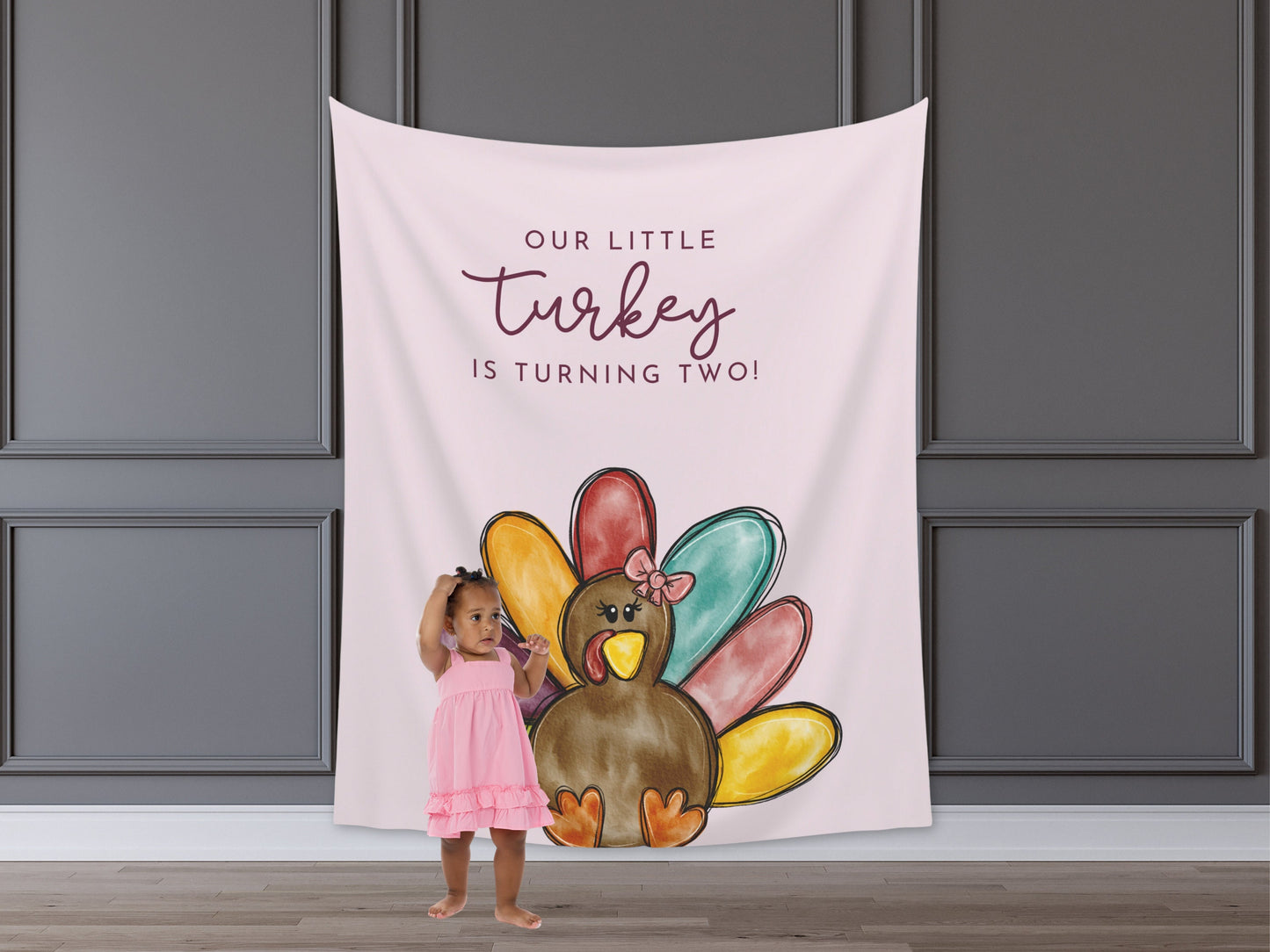A Little Turkey Customizable Girl's Birthday Backdrop | Thanksgiving Birthday Party Banner | November Party Décor | 1st, 2nd, 3rd Birthday