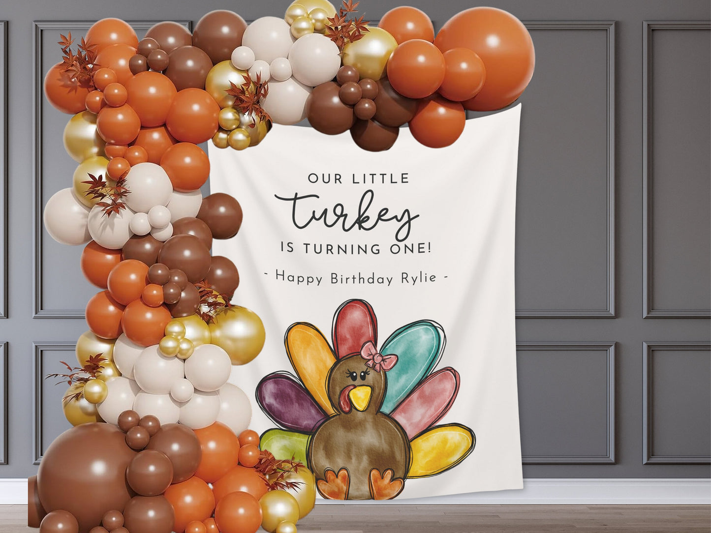 A Little Turkey Customizable Girl's Birthday Backdrop | Thanksgiving Birthday Party Banner | November Party Décor | 1st, 2nd, 3rd Birthday