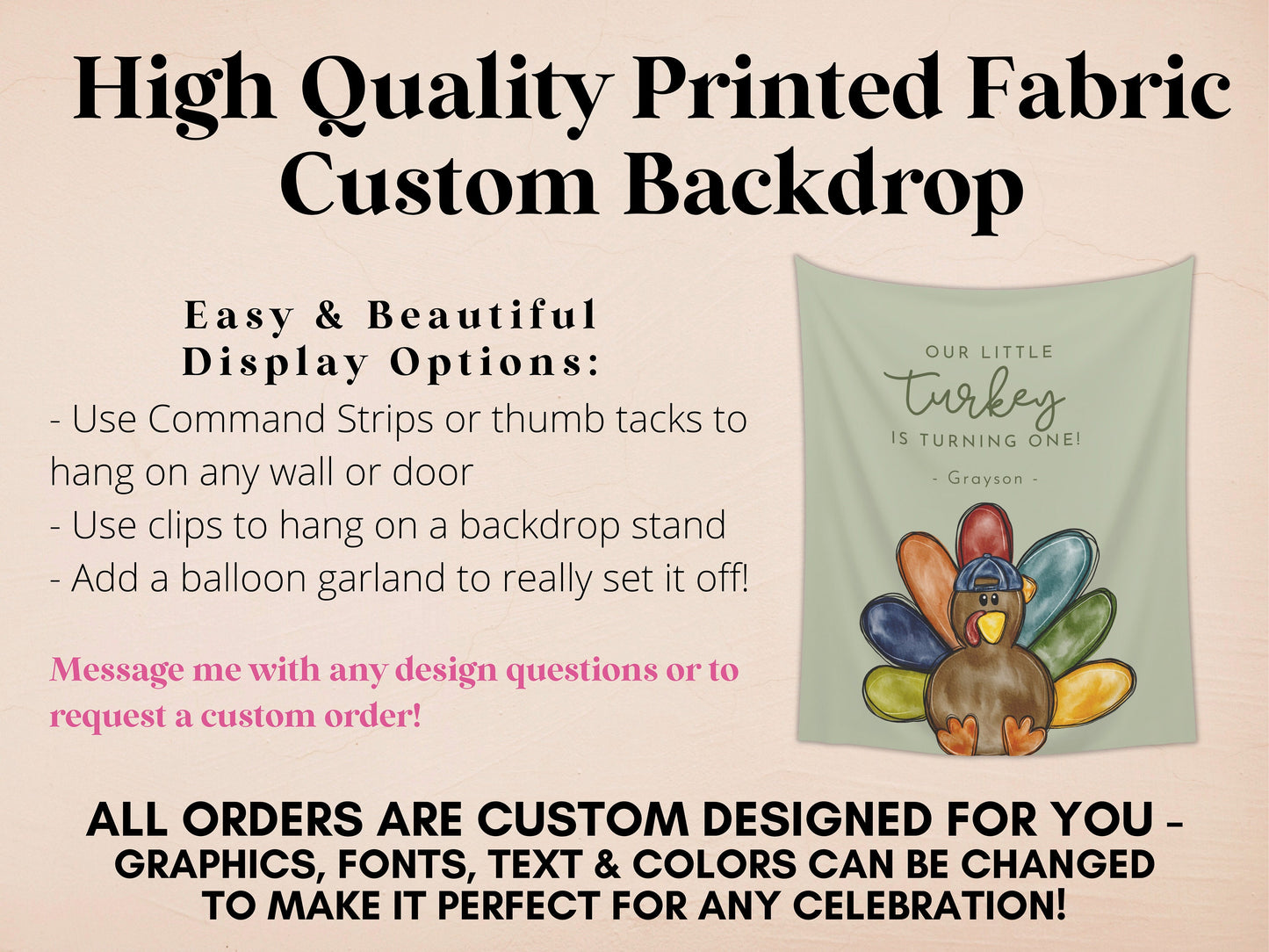 Our Little Turkey Customizable Boy's Birthday Backdrop | Thanksgiving Birthday Party Banner | November Party Décor | 1st, 2nd, 3rd Birthday