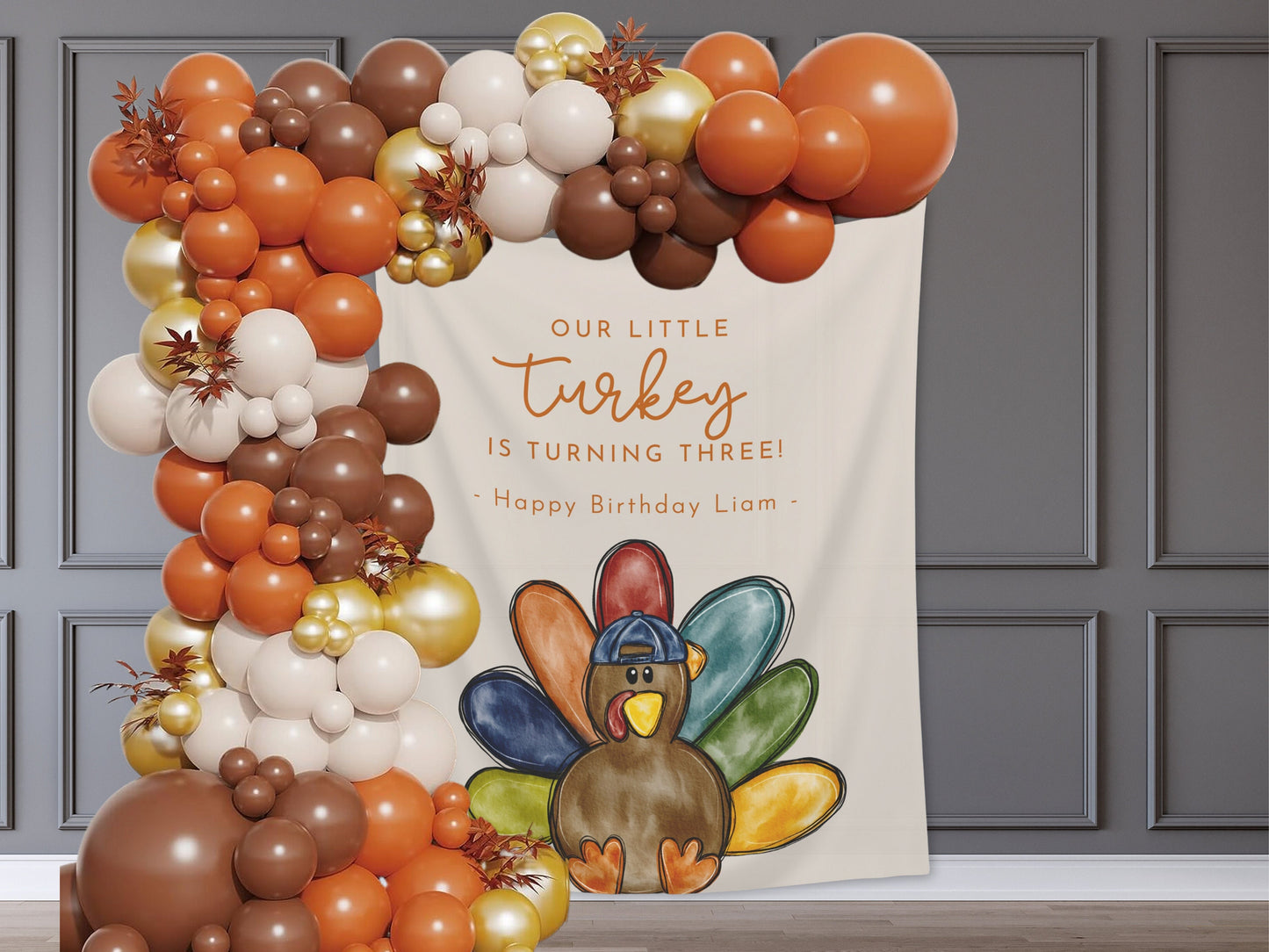 Our Little Turkey Customizable Boy's Birthday Backdrop | Thanksgiving Birthday Party Banner | November Party Décor | 1st, 2nd, 3rd Birthday