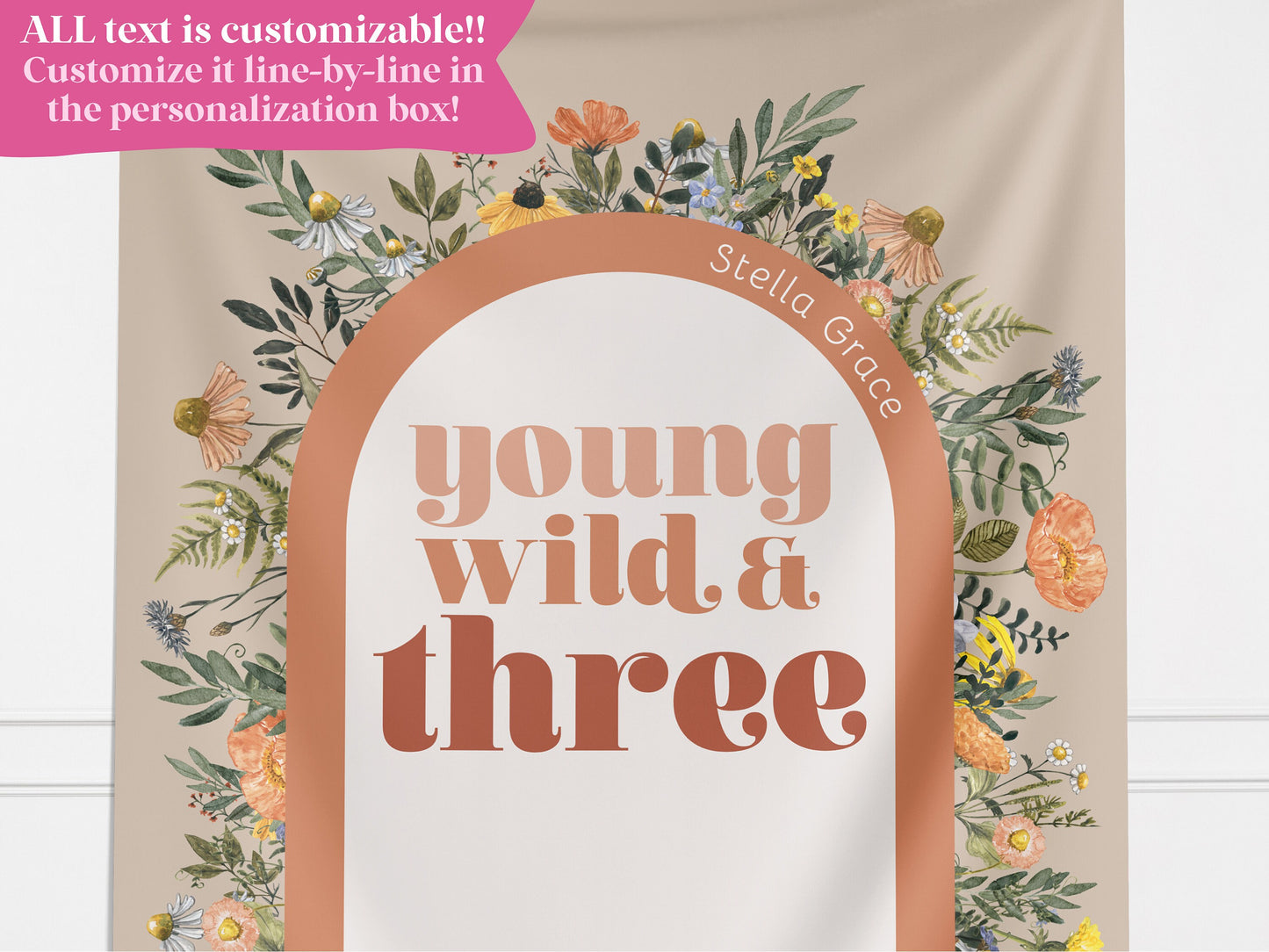 Young Wild Three Custom Backdrop, She's a Little Wildflower, Custom 3rd Birthday Party Backdrop, Girl Birthday, Boho Birthday, Retro Flowers