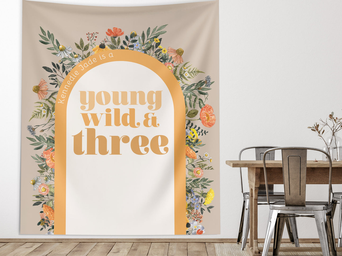 Young Wild Three Custom Backdrop, She's a Little Wildflower, Custom 3rd Birthday Party Backdrop, Girl Birthday, Boho Birthday, Retro Flowers