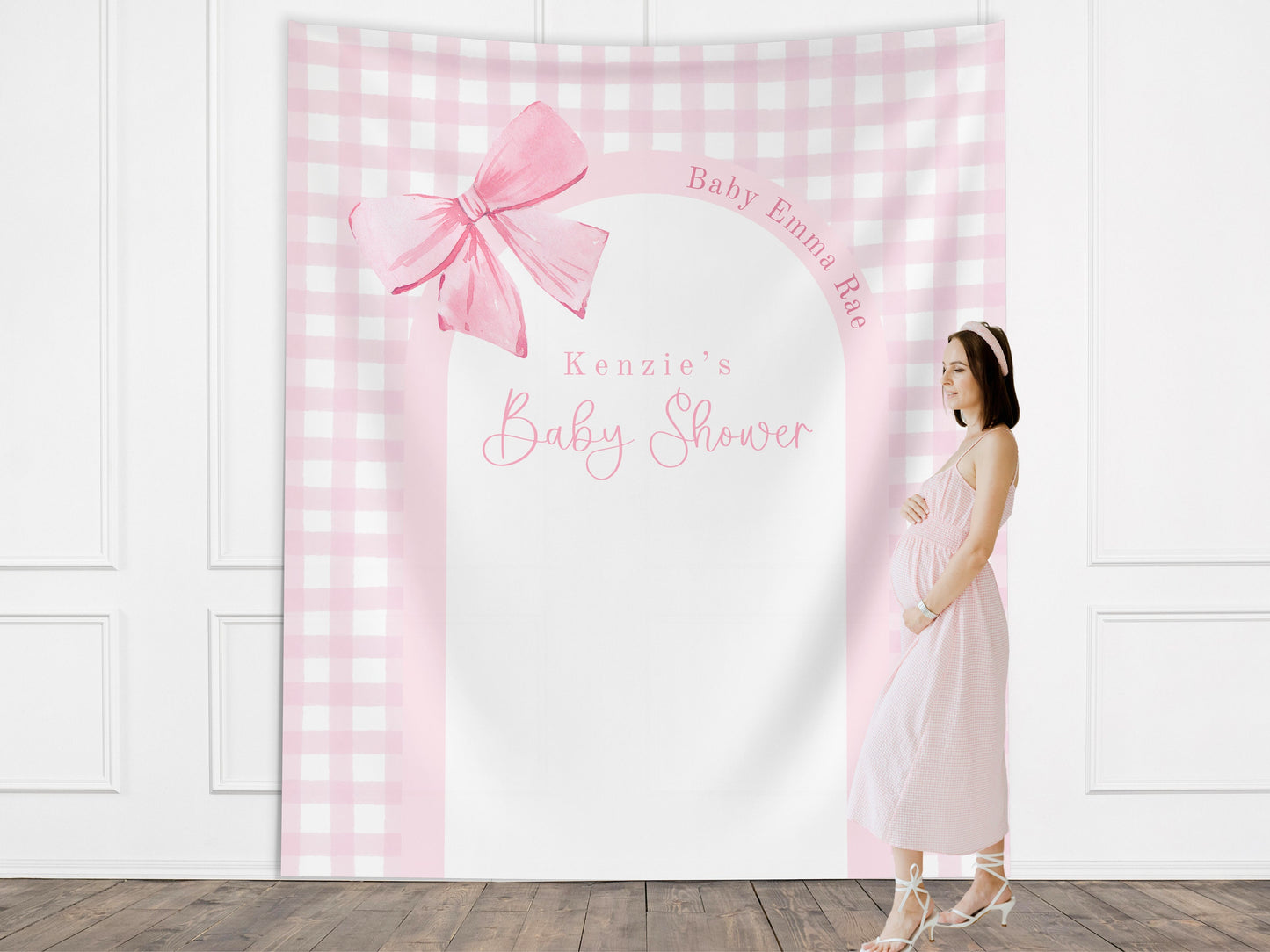 Pink Bow Baby Shower Custom Banner, Girl Baby Shower, Completely Customizable Party Backdrop, Baby Sprinkle, Gender Reveal, Blue Gingham