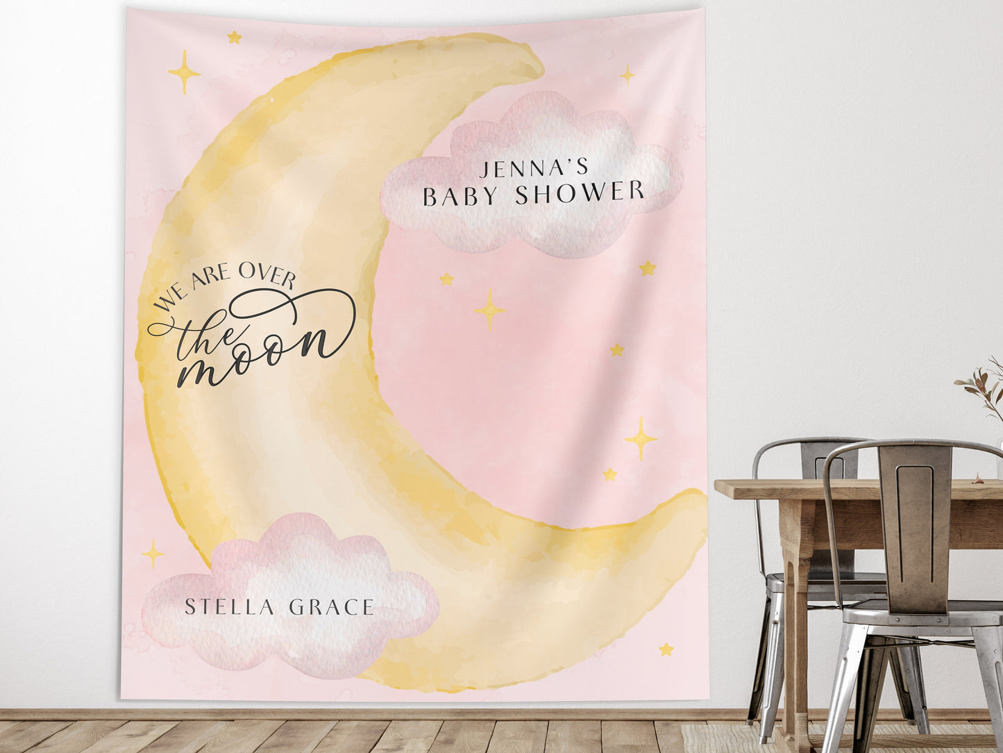 Moon and Stars Baby Shower Banner, Over the Moon Backdrop, Twinkle Little Star Gender Reveal Backdrop, Baby Shower Décor, Girl Baby Shower