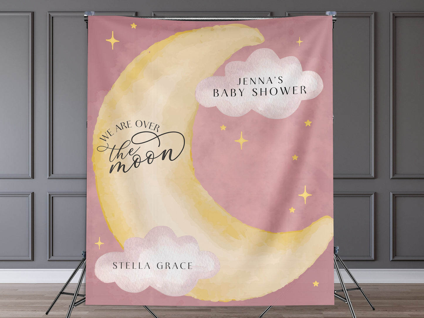 Moon and Stars Baby Shower Banner, Over the Moon Backdrop, Twinkle Little Star Gender Reveal Backdrop, Baby Shower Décor, Girl Baby Shower