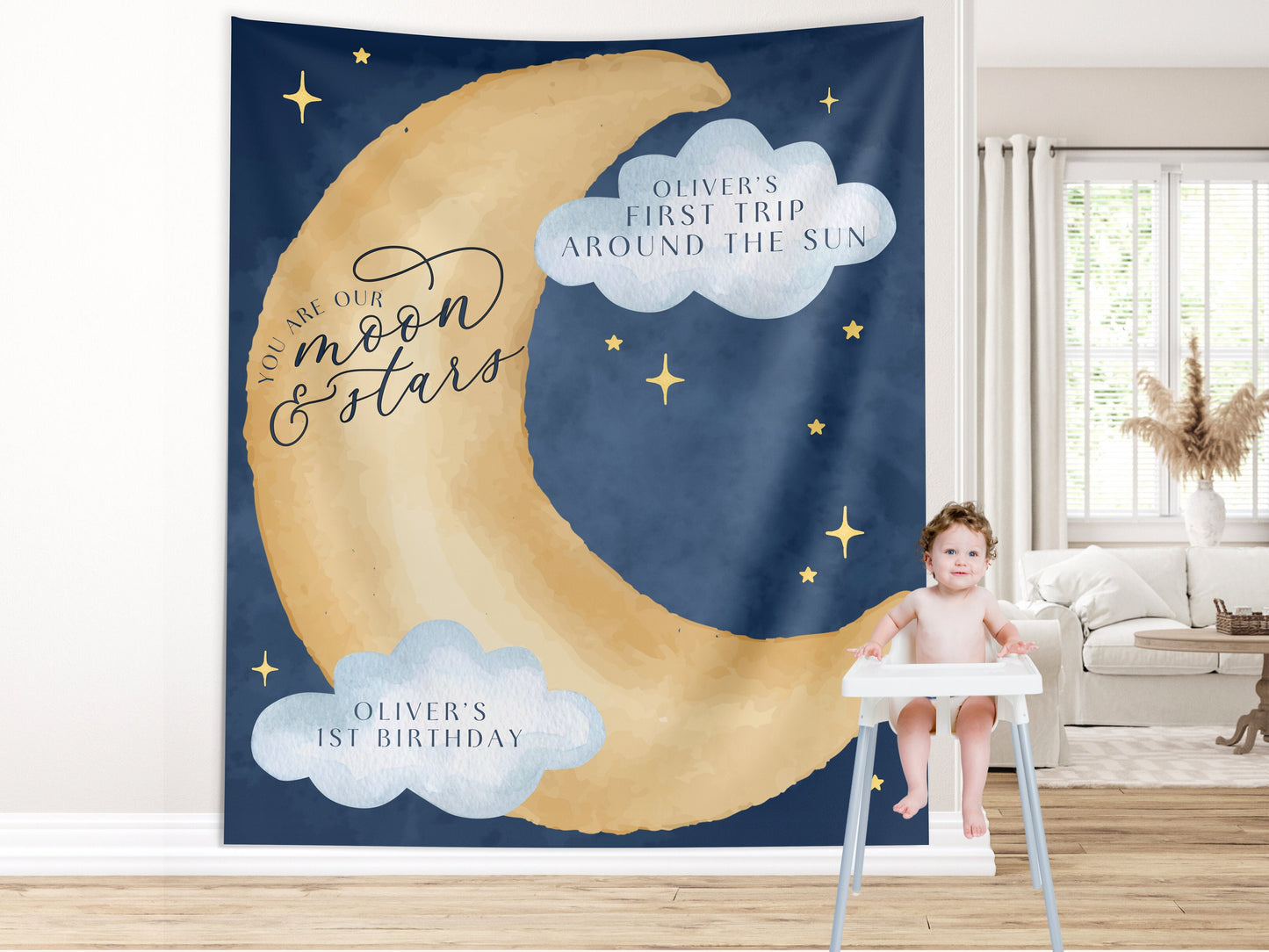 Moon and Stars Birthday Banner, Over the Moon Backdrop, Twinkle Little Star Gender Reveal Backdrop, Baby Shower, Two the Moon, First Trip