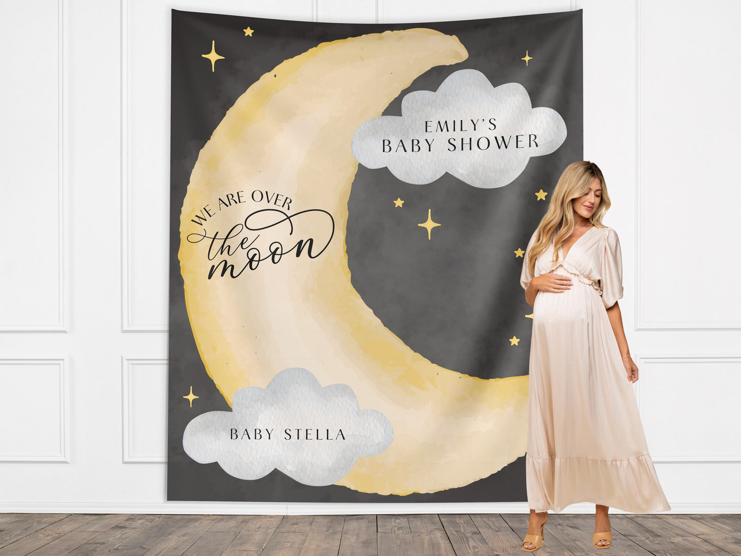 Moon and Stars Baby Shower Banner, Over the Moon Backdrop, Twinkle Little Star Gender Reveal Backdrop, Baby Shower Décor, Girl Baby Shower