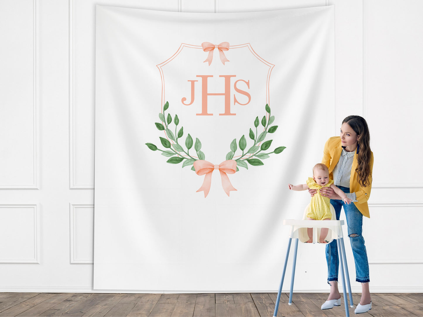 Bow Monogram Birthday Party Custom Banner, 1st Birthday, Customizable Backdrop, Cake Smash, High Chair Banner, Baby First Birthday Gift
