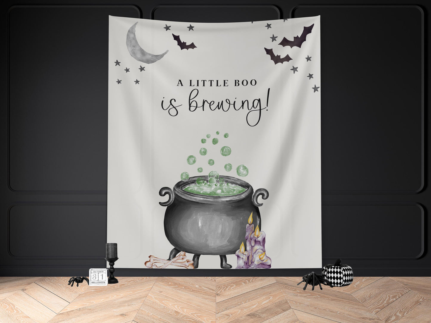 A Baby is Brewing Halloween Baby Shower Banner, Customizable Text Witch Halloween Backdrop, Spooky Fall Gender Reveal or Baby Shower Décor