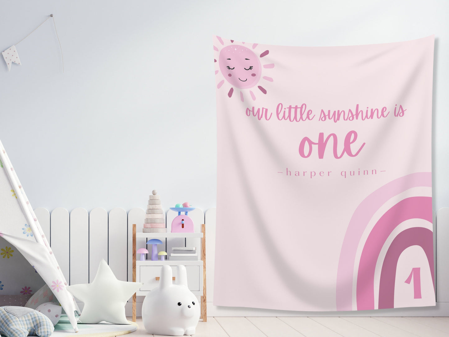 Boho Rainbow Our Little Sunshine Custom Age Banner | Boho Sun Personalized 1st, 2nd or 3rd Birthday Backdrop