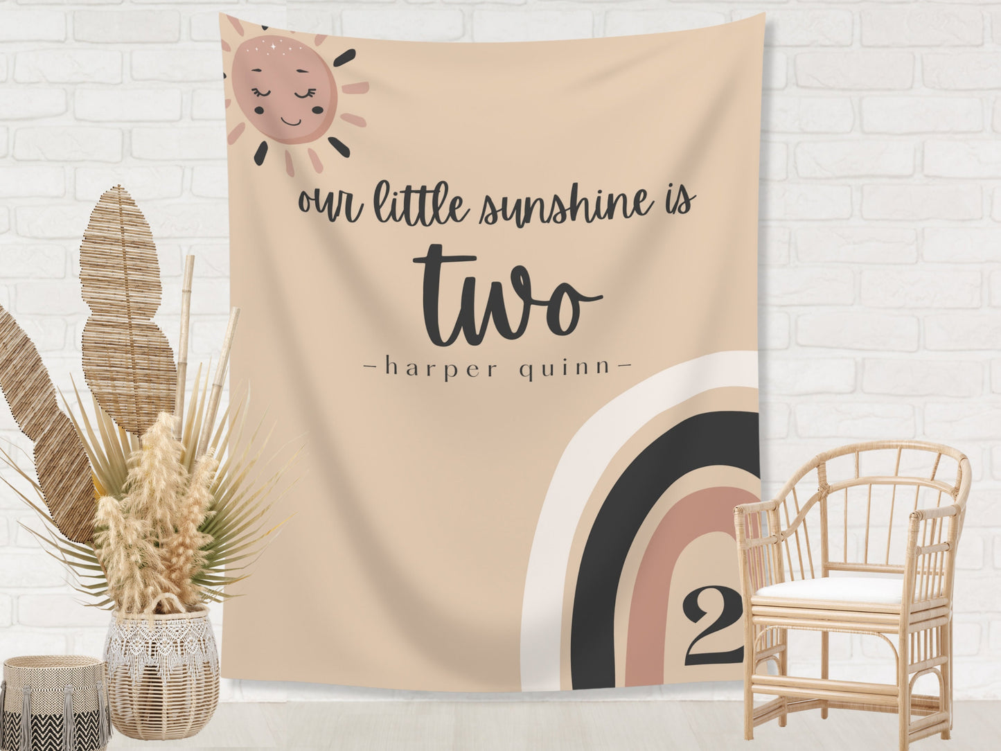 Boho Rainbow Our Little Sunshine Custom Age Banner | Boho Sun Personalized 1st, 2nd or 3rd Birthday Backdrop