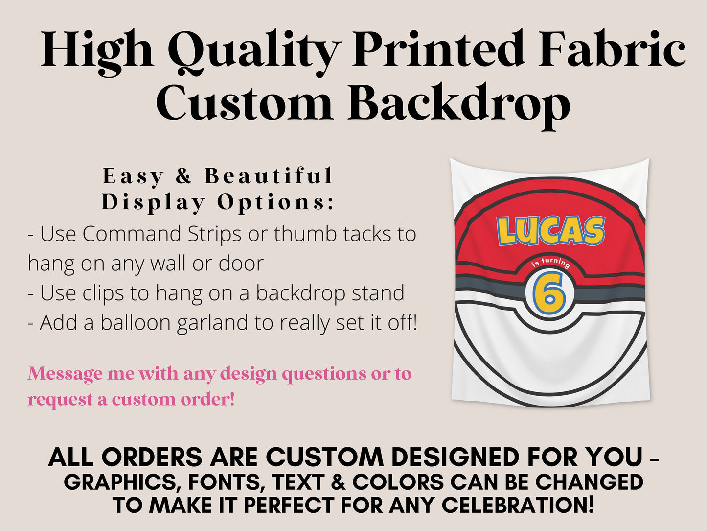 Cartoon Custom Birthday Ball Backdrop | Boy Birthday Party Theme | Red and White Ball or Gold Ball | Poke Party Decorations | Anime Cards