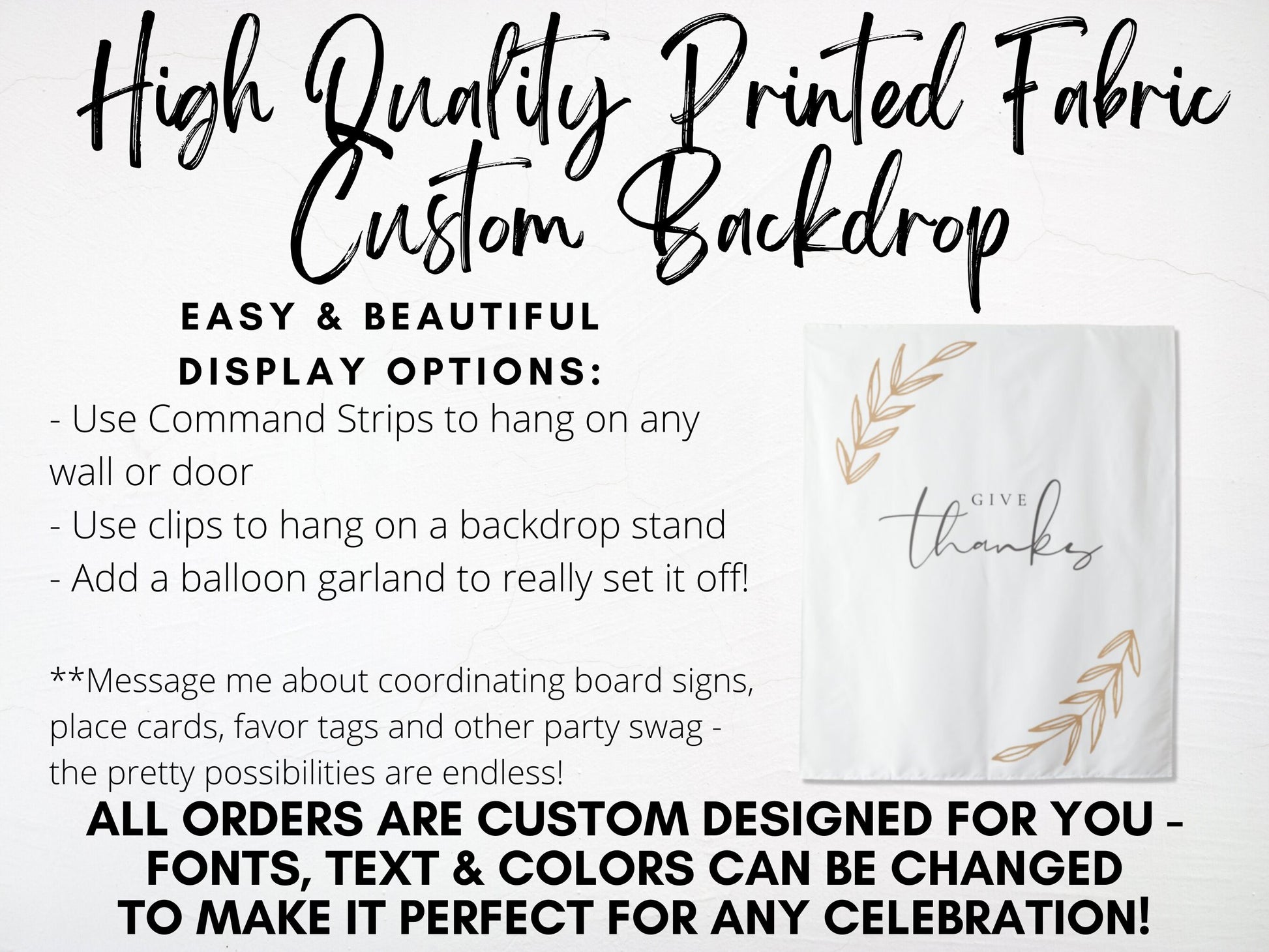 Give Thanks Boho Thanksgiving Custom Backdrop | Custom Thanksgiving or Friendsgiving Party Backdrop