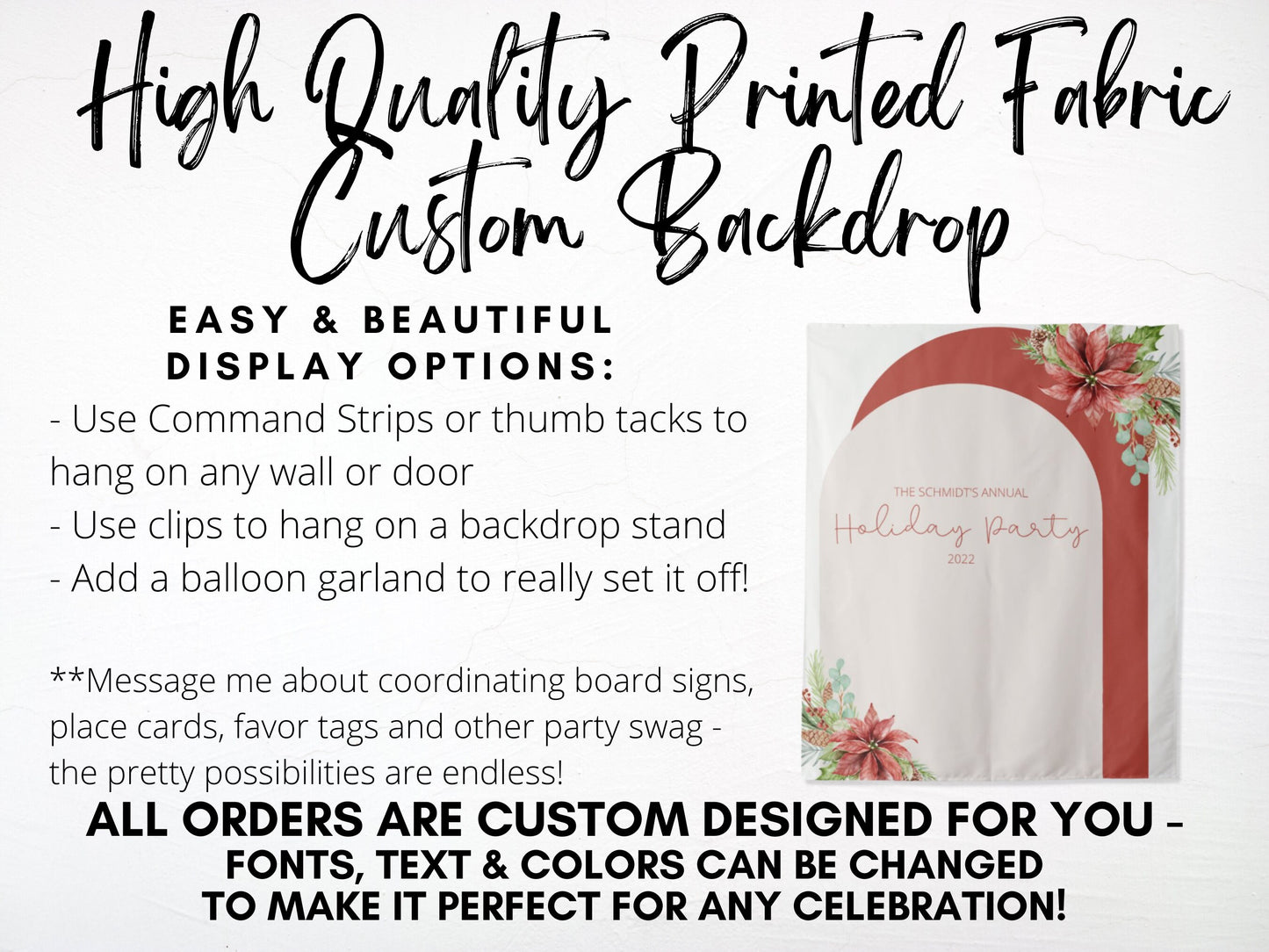 Floral Arch Custom Text Holiday Party Banner| Simple Boho Christmas Party Décor | Red and Green Party Backdrop for Balloon Garland | Logo