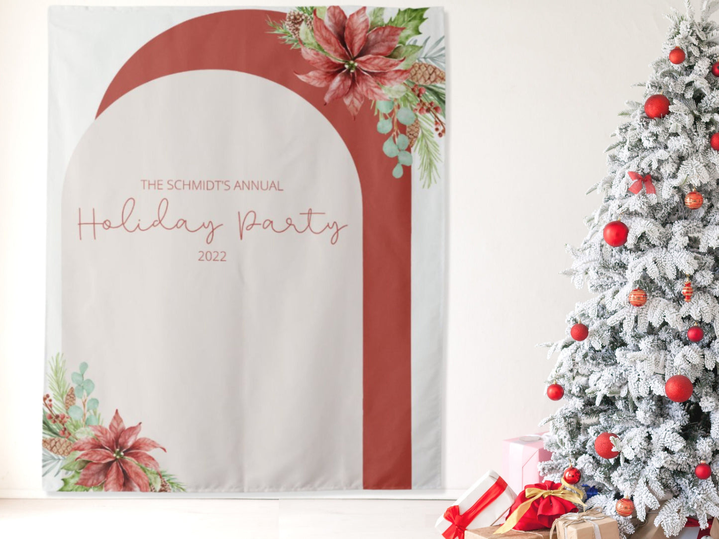 Floral Arch Custom Text Holiday Party Banner| Simple Boho Christmas Party Décor | Red and Green Party Backdrop for Balloon Garland | Logo