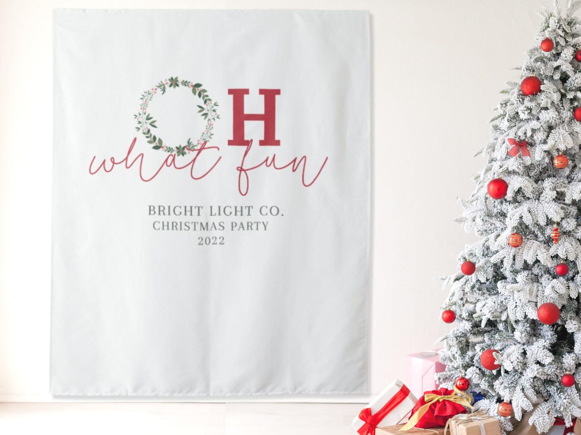 Oh What Fun Custom Holiday Party Backdrop | Christmas Wreath Party Décor