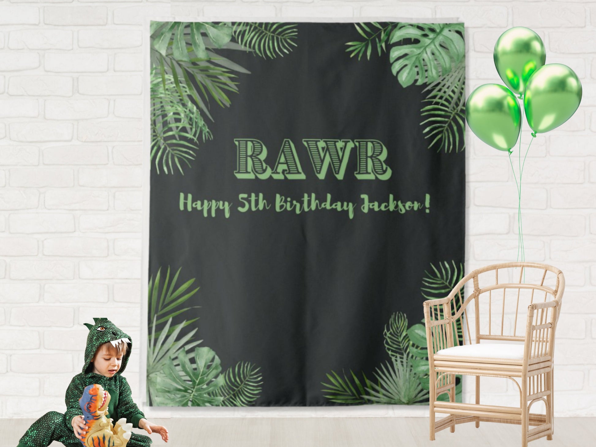 Rawr Dinosaur Party Personalized Birthday Party Backdrop | Palm and Greenery Custom Party Backdrop