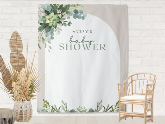 Watercolor Greenery Arch Personalized Baby Shower Backdrop | Custom Party Backdrop for Boy, Girl or Gender Neutral Baby Shower